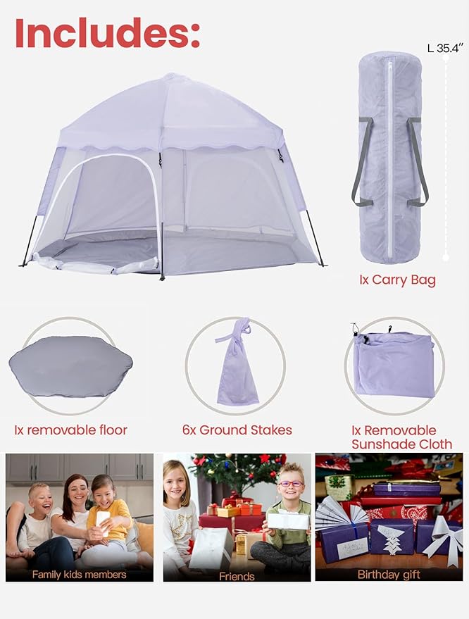 Portable Large Pop Up Kids Indoor Outdoor Tent with Canopy UV CoverThick Removable Floor for Sleeping Or Beach Shelter (Lilac)