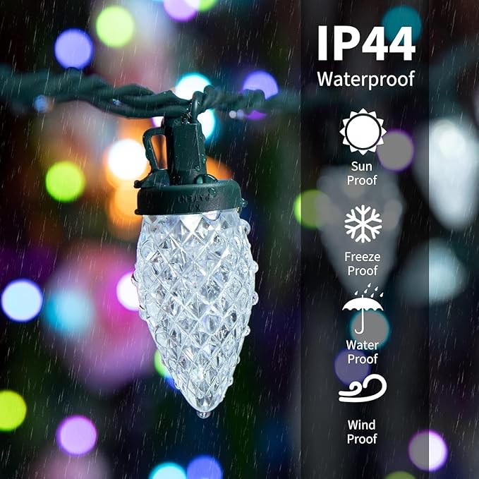 Minetom C9 Christmas Lights Outdoor 100FT 100 LED Waterproof Strawberry String Lights UL Certified Connectable Green Wire Lights String for Outdoor Indoor Patio Party Roofline Backyard Xmas Decor