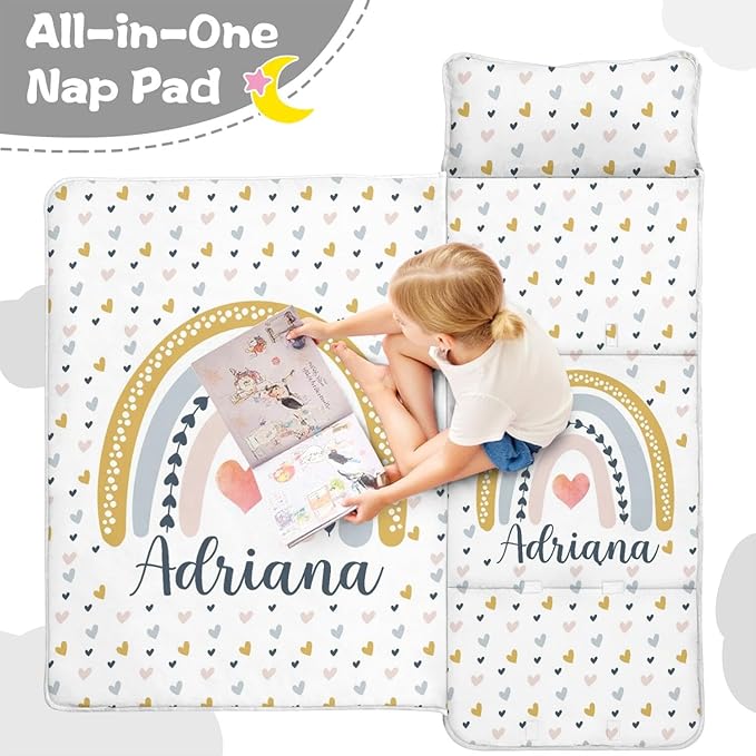 Personalized Boho Rainbow Toddler Nap Mat with Pillow and Blanket Custom Name Kids Sleeping Bag for Daycare Preschool Napping Mats for Girls Kids Slumber Bags Sleep Padded Easy Roll Up
