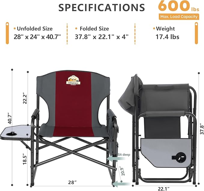 Oversized Directors Camping Chair Set of 2 Support 600 LBS Heavy Duty Folding Outdoor Chairs with Detachable Side Pocket and Adjustable Side Table for Outside BeachLawnFishing (Red)