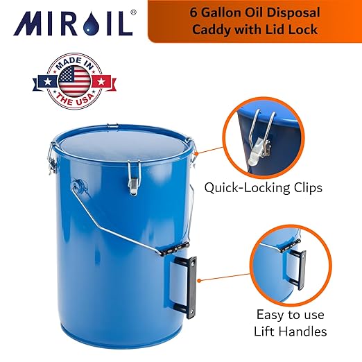 MirOil 6 Gallon Blue Oil Grease Bucket &amp Filter Pot – Steel Fryer Container w/Lid Lock &amp Clip Food Grade Interior Coating - Hot Grease Collection Pot for Disposal Under Drain Valves – Model #