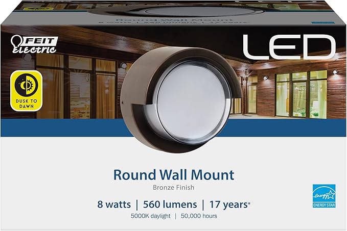 Feit Electric Outdoor LED Wall Sconce Round Wall Mount Light Fixture Dusk-to-Dawn 5000K Daylight Hardwired Bronze Finish Polycarbonate Lens 50000-Hour Lifetime S5RWM/850/DD/BZ