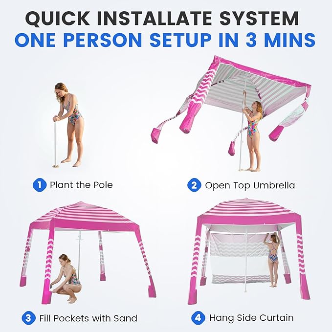 Zeraty Beach Cabana 8'×8' Portable Beach Canopy with Side Wall Easy Pop Up UPF 50+ Silver-Coated Beach Tent Sun Shelter Wind Resistant Adjustable Height Beach Umbrella Tent for Family Pink