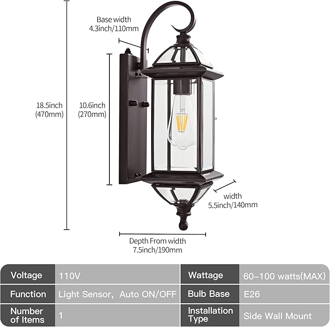 Copper Dusk to Dawn Outdoor Wall Lights Exterior Light Fixtures Porch Light Wall Mount18.5''H Outside Lights for HouseGaragePorch PatioOil-Rubbed Bronze 1 Pack with E26 Socket