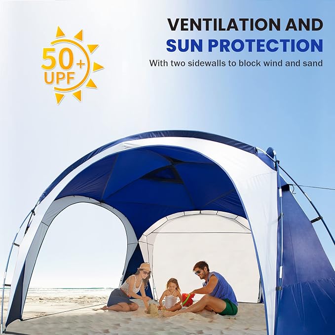 UNP Easy Beach Tent Pop Up Canopy UPF50+ Tent with Side Wall Ground Pegs and Stability Poles Sun Shelter Rainproof Waterproof for Camping Trips Backyard Fun Party Or Picnics