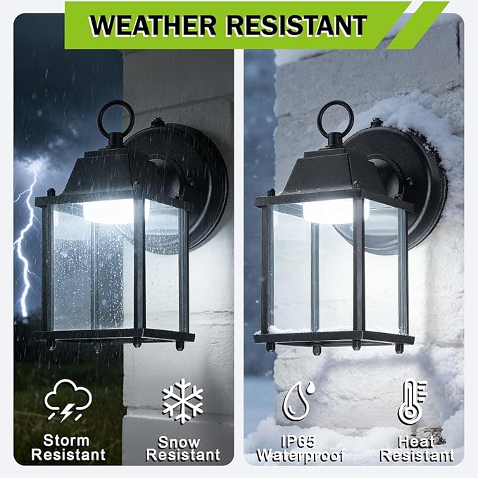 LIT-PaTH Dusk to Dawn Outdoor Wall Lantern LED Wall Sconce 5000K Daylight White 9.5W 800 Lumen Aluminum Housing Plus Glass Outdoor Rated 2-Pack Black