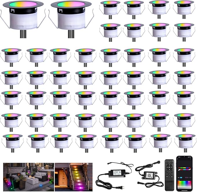 FVTLED Recessed LED Deck Lights Kit Φ1.77 Low Voltage WiFi Pixel RGBW+IC Deck Lighting Work with Alexa/Google Home IP67 Waterproof Outdoor Step Lights DC12V for GardenStepsStair(50 Pack Black)