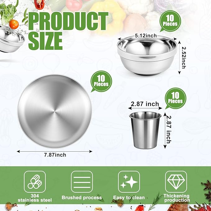Sunnyray 10 Sets Stainless Steel Plates Bowls and Cups Metal Camping Stainless Steel Dinnerware for Serving Reusable Double Walled Insulated Plates Bowls and Cups for Rice Ice Cream