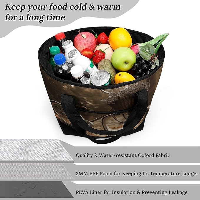 Insulated Shopping BagLarge Reusable Cooler Bags Bicycle Printed Foldable Shopping BagTravel Waterproof Shoulder Bag