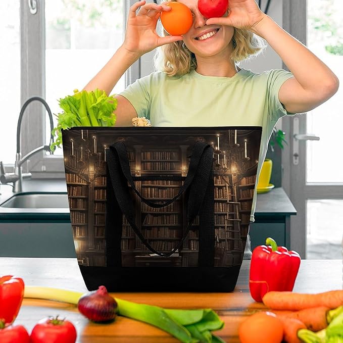 Insulated Shopping BagLarge Reusable Cooler Bags Book Room Mysterious Library Printed Foldable Shopping BagTravel Waterproof Shoulder Bag