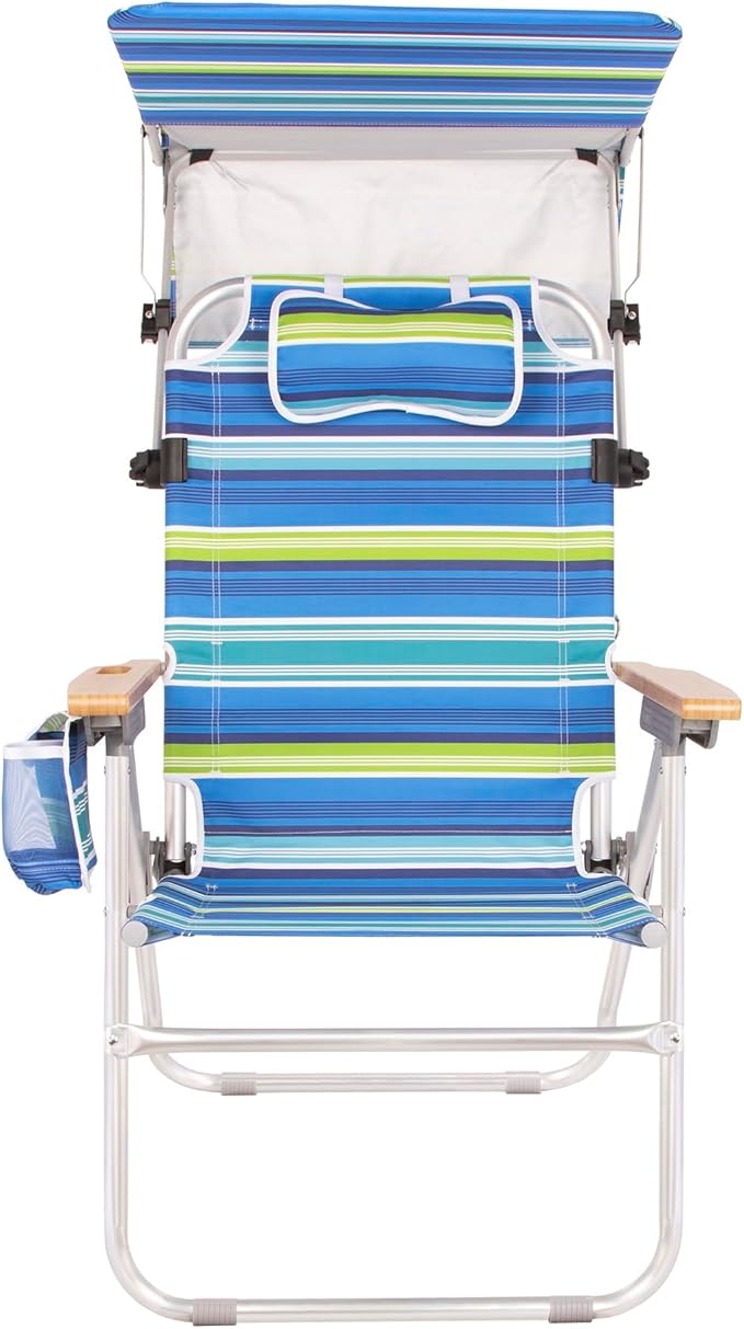 Heavy Duty Tall Beach Chair with Canopy Shade for Adults 17 High Off Ground 4-Position Reclining Insulated Cooler &amp Storage Pouch Bamboo-Finish Arms 300 lb Capacity