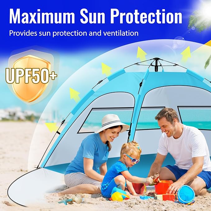 Beach Tent Sun Shade for 4-5 Person Two Doors Large Pop Up Beach Tents for Adults and Kids Portable Automatic Instant Sun Shelter Canopy Tent UV 50+ Ideal for Garden Fishing Picnic