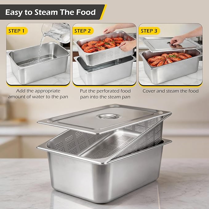 Dyna-Living 3 Pack Full Size 6 Inch 8 Inch Hotel Pan Perforated Steam Table Pans with Lid Stainless Steel Chafing Dish Pans Commercial Food Pan for Catering Buffet Hotel Home Restaurant Supplies