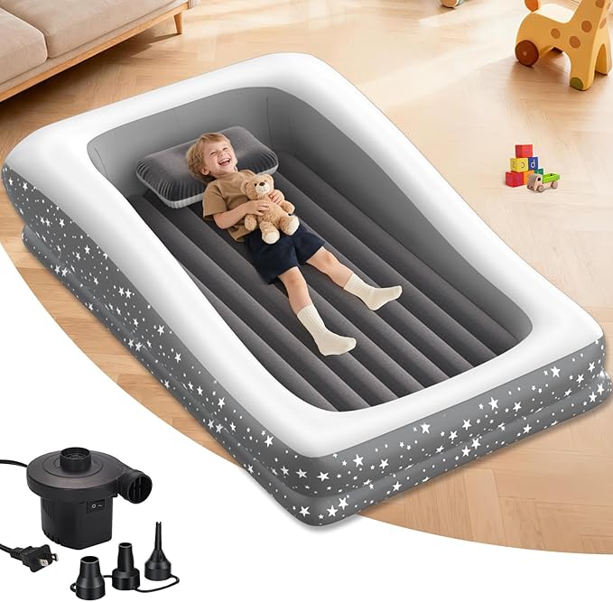 Inflatable Toddler Travel Bed - Grey Soft Toddler air Mattress with Bumpers for Easy to Inflate &amp Deflate - Portable Blow up Toddler Bed Travel with Sides for Trip Sleeping