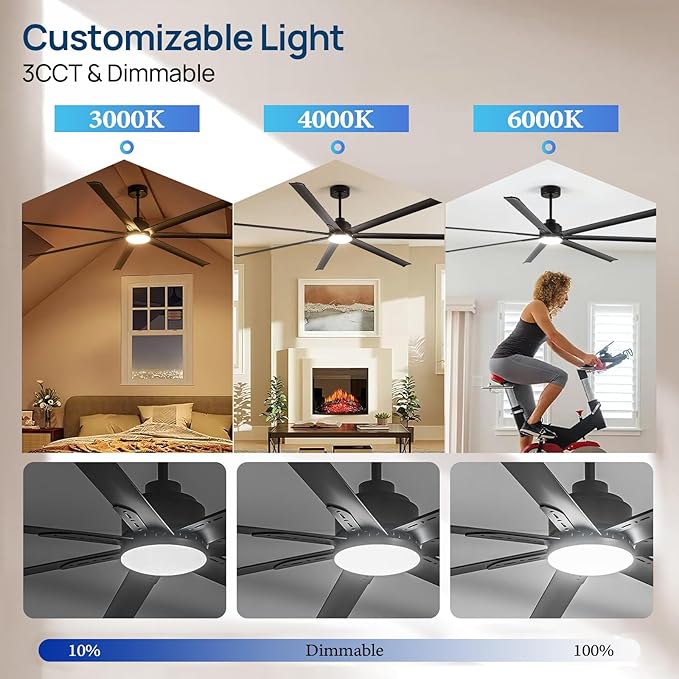 96 Inch Industrial Ceiling Fans with LightBlack HVLS Ceiling Fan with 6 Speeds Reversible MotorHigh CFM Indoor/Outdoor Ceiling Fan with 7 Aluminum Blades for Barn shopCommercial