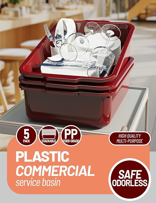 5-Pack Commercial Bus Tubs Box/Tote Box Wine Red Plastic Storage Bin with Handles/Wash Basin Tub (8 Liter)