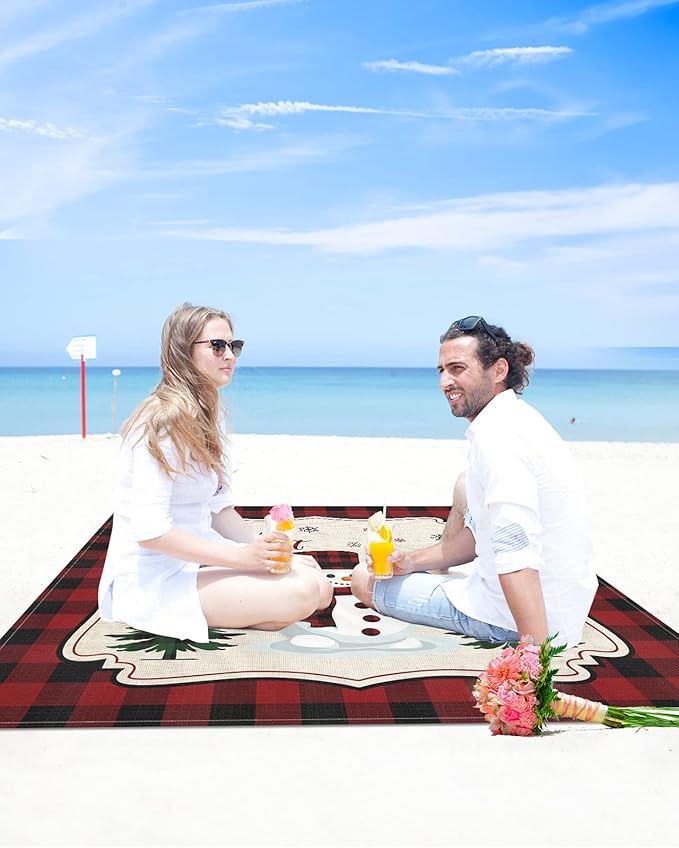 Beach Blanket Waterproof Sandproof OversizedCute Snowman with Scarf Hat Christmas Tree Beach Mat with Corner Stakes Sand PocketsWinter Snowflake Red Buffalo Plaid Picnic Mat for Travel 95x80In