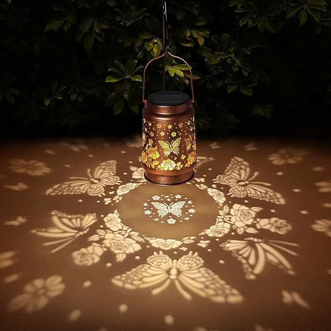 2 Pack Butterfly Solar Lanterns Outdoor Waterproof Rose Garden Decor Gifts for Women Mom Grandma Hanging Solar Lights Metal Lantern Decoration Outside for YardPatioBackyardPorch