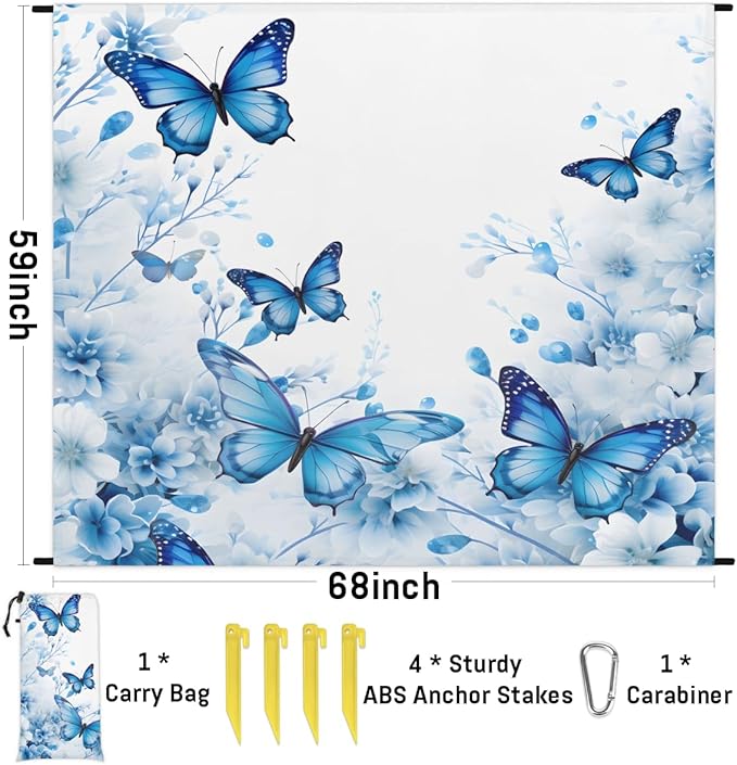 Waterproof Sandproof Beach Blanket 59''×68'' Butterfly Polyester Outdoor Picnic Blanket with 4 Stakes &amp Storage Bag for BeachCampingVacation Light Blue