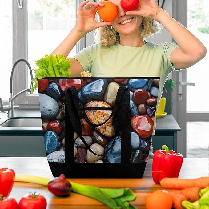 Insulated Shopping BagLarge Reusable Cooler Bags Color Stones Hippie Printed Foldable Shopping BagTravel Waterproof Shoulder Bag