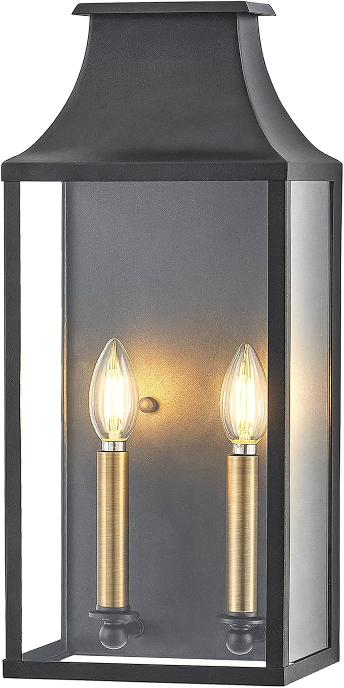 18Medium Classic Outdoor Wall Lantern Light For House ExteriorHandcrafted Satin Black Metal Cage Mounted Pocket Wall Sconce W/Clear Tempered GlassWaterproof for Porch Patio Garage&ampFront Door