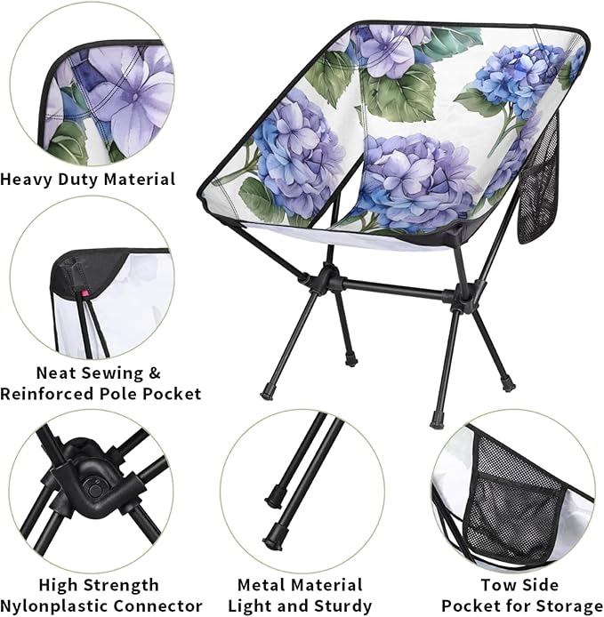 Honeybaby Folding Camping Chair Watercolor Hydrangeas Camping Chairs Lightweight Portable Chair Outdoor Foldable Chairs for Camping Travel Picnic Beach Hiking