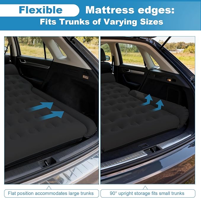 SUV Air Mattress Inflatable Bed for Car Sleeping Thickened Flocking Car Air Mattress Leakproof Comfortable Durable Cushion Cars Bed for SUVs Trunk Camping Road Trip (Black)