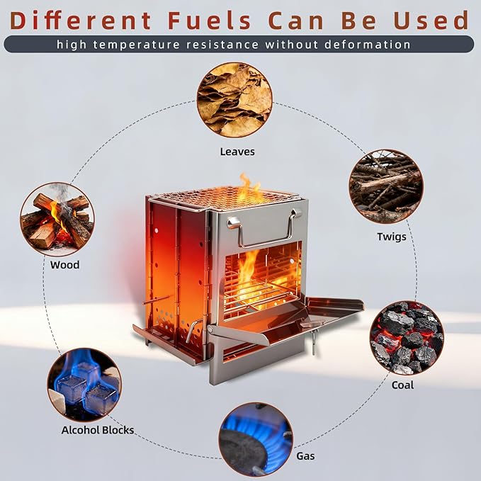 Wood Burning Camp Stove Folding Stainless Steel Barbecue Stove Portable Small Backpacking Grill for Outdoor Camping Cooking Picnic BBQ 15 x 15 x 20 cm