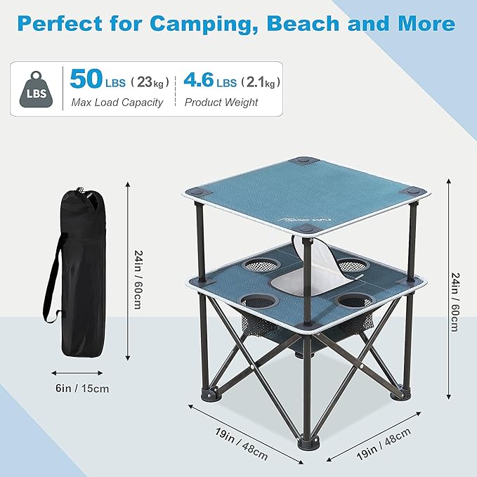 Folding Beach Table Camping Table for Sand with Insulated Cooler Storage &amp 4 Cup Holders Portable Pop Up Picnic Table Lightweight Side Table for Outdoor