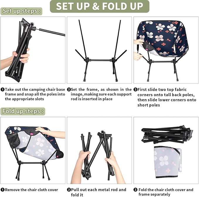 Honeybaby Folding Camping Chair Flowers Printed Camping Chairs Lightweight Portable Chair Outdoor Foldable Chairs for Camping Travel Picnic Beach Hiking