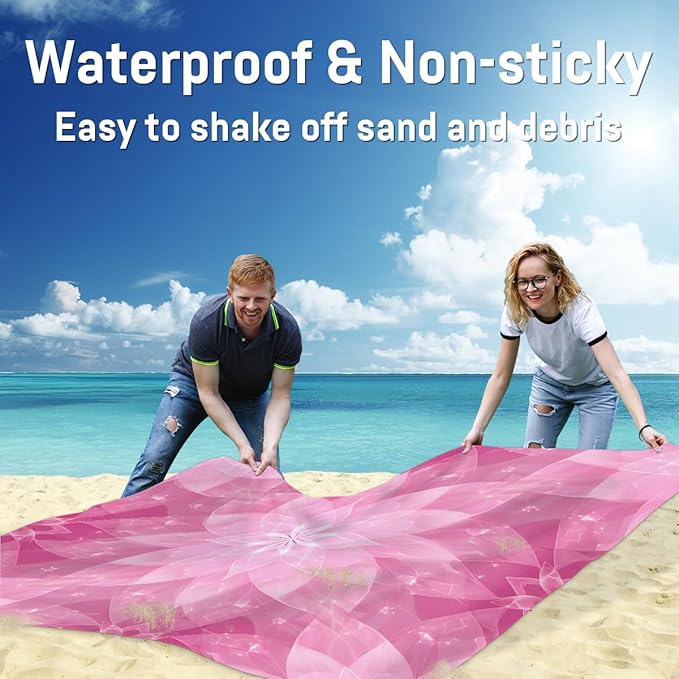 Waterproof Sandproof Beach Blanket 59''×68'' Floral Pattern Polyester Outdoor Picnic Blanket with 4 Stakes &amp Storage Bag for BeachCampingVacation Purplish-Pink