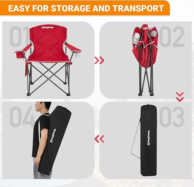 KingCamp Portable Folding Camping Quad Chair Oversized Fully Cushioned Seat with Side Pocket and Cup Holder for Tailgates Beach Lawn