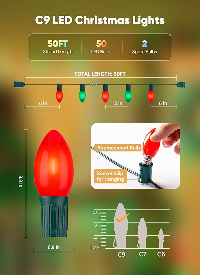 Minetom Vintage C9 LED Christmas Lights Outdoor 50 Feet C9 String Lights with 50 Shatterproof Matte Bulbs Connectable Waterproof Lights for Holiday Party Roofline Backyard Garden Patio Red &amp Gr