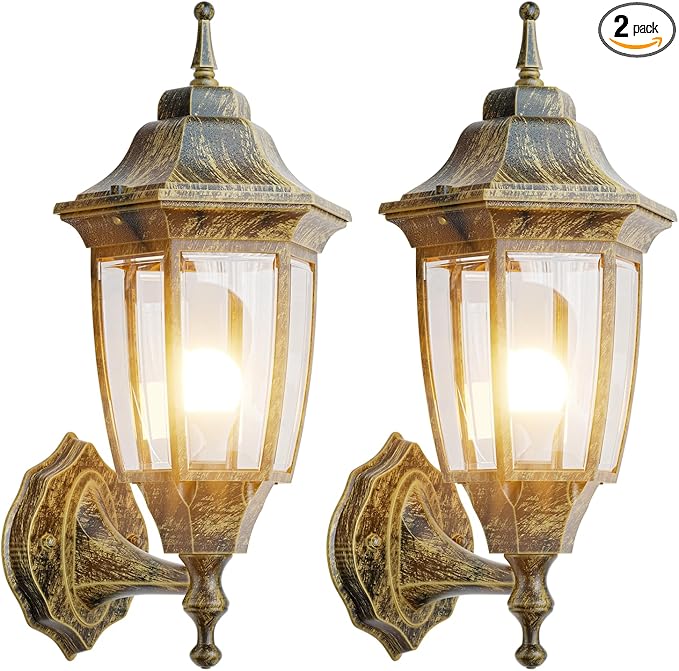 EMART Outdoor Front Porch Light Exterior Anti-Corrosion Waterproof Aluminum &amp Glass Shades Wall Lamp Fixture Modern Sconce Lantern for Outside House Garage - 2 Pack Gold （Bulb Included）