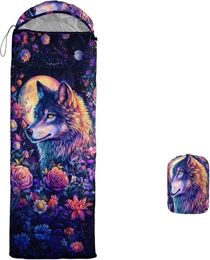 AILONEN Floral Wolf Sleeping Bag for Girls WomenWarm and Cool WeatherLightweightWaterproof BackpackingColorful Flower Animal Print Sleeping Bag for Camping