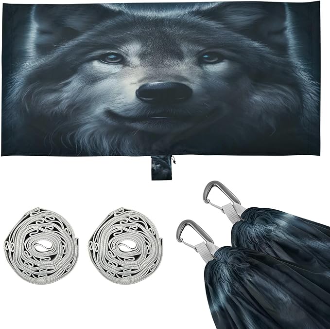 ALAZA Wolf Head Animal Camping Hammocks Single or 2 Person 500 lbs Portable Parachute Travel Hammock w/Tree Straps for Hiking Backpacking Indoor Outdoor