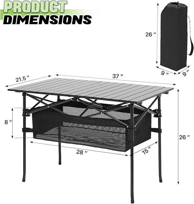 Magshion 37 Folding Camping Table with Large Storage Basket &amp with Carry Bag Aluminum Picnic Table for Indoor Outdoor Camping Backyard BBQ Use Black