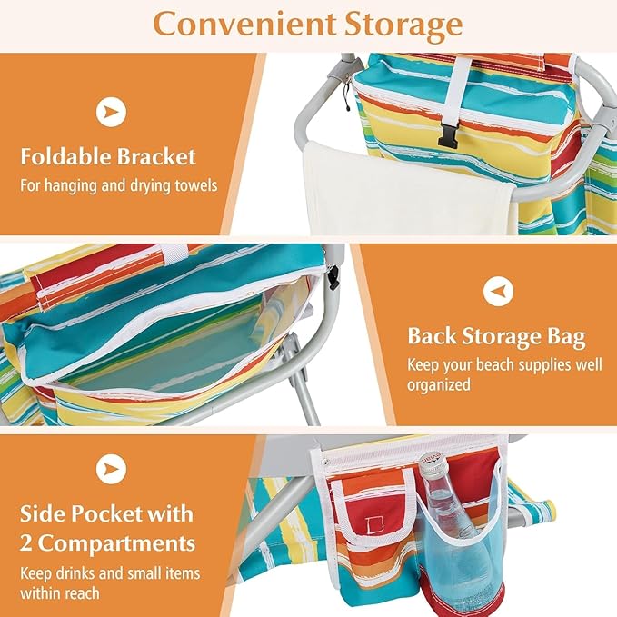 COSTWAY Backpack Beach Chair Foldable Camping Chair with 5 Adjustable Position Cup Holder Storage Pockets Straps Towel Rack Pillow for Patio Outdoor (Color Stripe1)