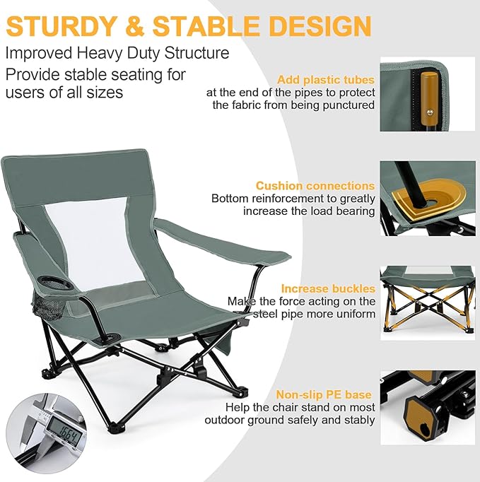 Joyfair Beach Camping Chair (2 Pack) Outdoor Folding Lawn Chair for Adults Heavy Duty Portable Chair with Armrest for Outside Fishing Sport Patio Cup Holder &amp Storage Pocket Carry Bag (Grey)