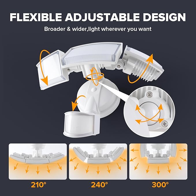 UME 49W 5500LM LED Security Lights Motion Sensor Light Outdoor 5000K Daylight IP65 Waterproof Dusk to Dawn 3 Head Motion Detected Flood Light for Garage Yard Porch(White)