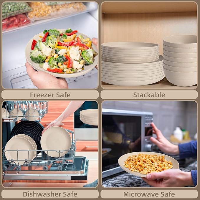 Cream Plastic Plates and Bowls Sets Dishwasher and Microwave Safe Wheat Straw Dinnerware Sets for 8Reusable Plastic Dishes Set Lightweight Unbreakable for Kitchen Camping Outdoor RV 32 Pcs