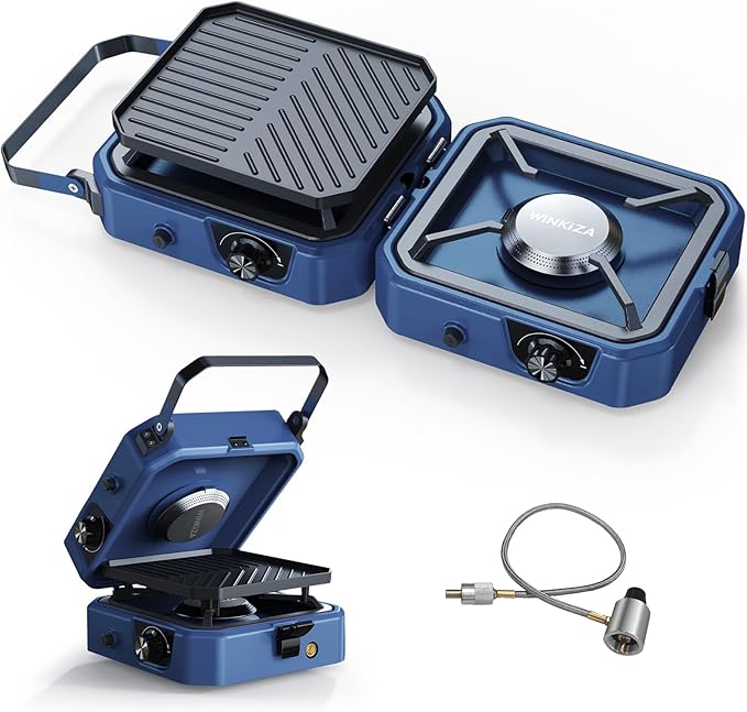 Upgraded WINKIZA 2 Burner Propane Camping Stove with Grill Foldable Camp Stove with 16000 BTU Two Adjustable Burners with Piezo Ignition &amp Easy Carrying Handle Portable Stove for Camping BBQ