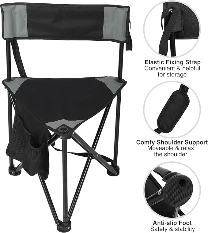 REDCAMP 2 Pack Tripod Camping Chairs Folding Lightweight Portable 3 Legged Tripod Stool Seat with Backrest Small Golf Chair Compact for Adults Fishing Hunting Black