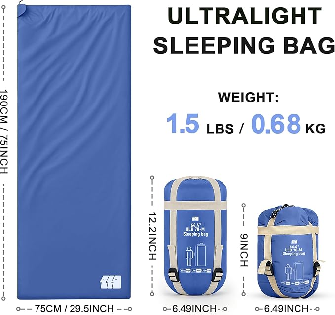 Ultralight Warm Weather Sleeping Bag - Portable Waterproof Compact Lightweight Comfort with Compression Sack - Great for Outdoor Camping Backpacking &amp Hiking