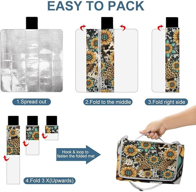 Sunflower Turquoise Cow Print Photographic Print Waterproof Outdoor Picnic Blanket Sandproof Beach Mat for Camping Hiking Grass Travelling