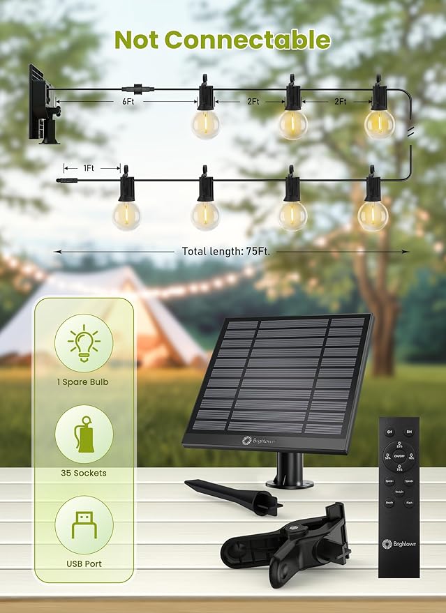 Brightown 75FT Solar String Lights Outdoor Waterproof with Remote Solar Patio Lights with 35 Shatterproof LED Bulbs 3 Light Mode Dimmable &amp Timer Hanging String Lights for Porch Garden Bistro