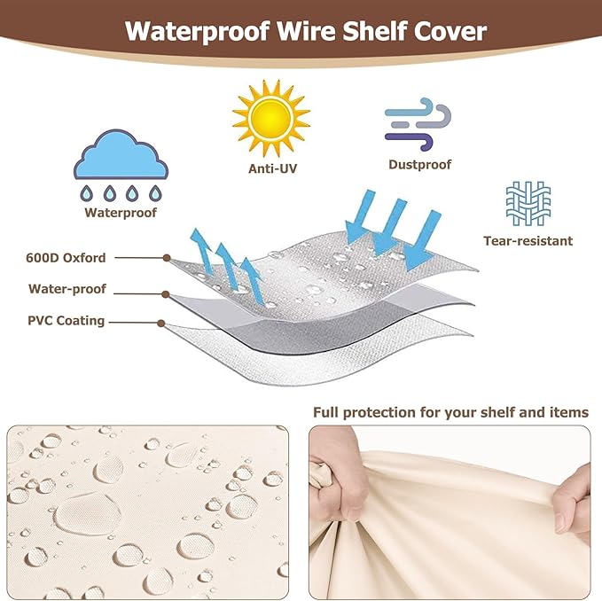 Rileytee Wire Shelf CoverHeavy Duty 600D Dustproof Waterproof Shelf Covers for Wire ShelvingOutdoor Storage Rack Cover for Rack with Zipper36 W x 16 D x 72 H(Beige &amp Brown)