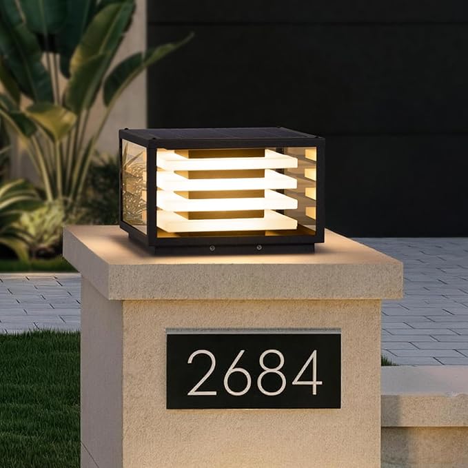 11.8'' Solar Post Lights Outdoor Glass Solar Pillar Lights Outdoor IP54 Waterproof Square Large Column Light Dusk to Dawn 3000K LED Column Lamp Modern Pillar Light Fixture for Entrance Posts