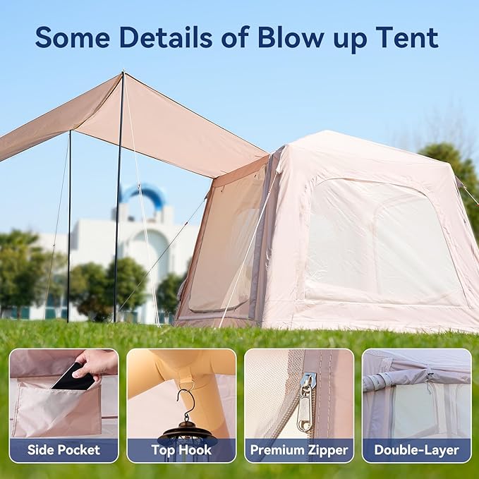 Inflatable Tent for Camping Waterproof Oxford Large Blow Up Hot Tent with Pump Easy Setup Inflatable Glamping House Air Tent for Family 4/6/8/10/12 People