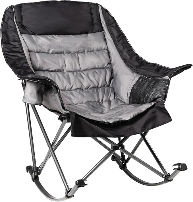 Oversized Rocking Camping Chair for Adults - 400lbs Capacity Padded Camp Chair with Cup Holder Portable Foldable Outdoor Rocker Chair for Camping Backyard Patio (Black &amp Gray)